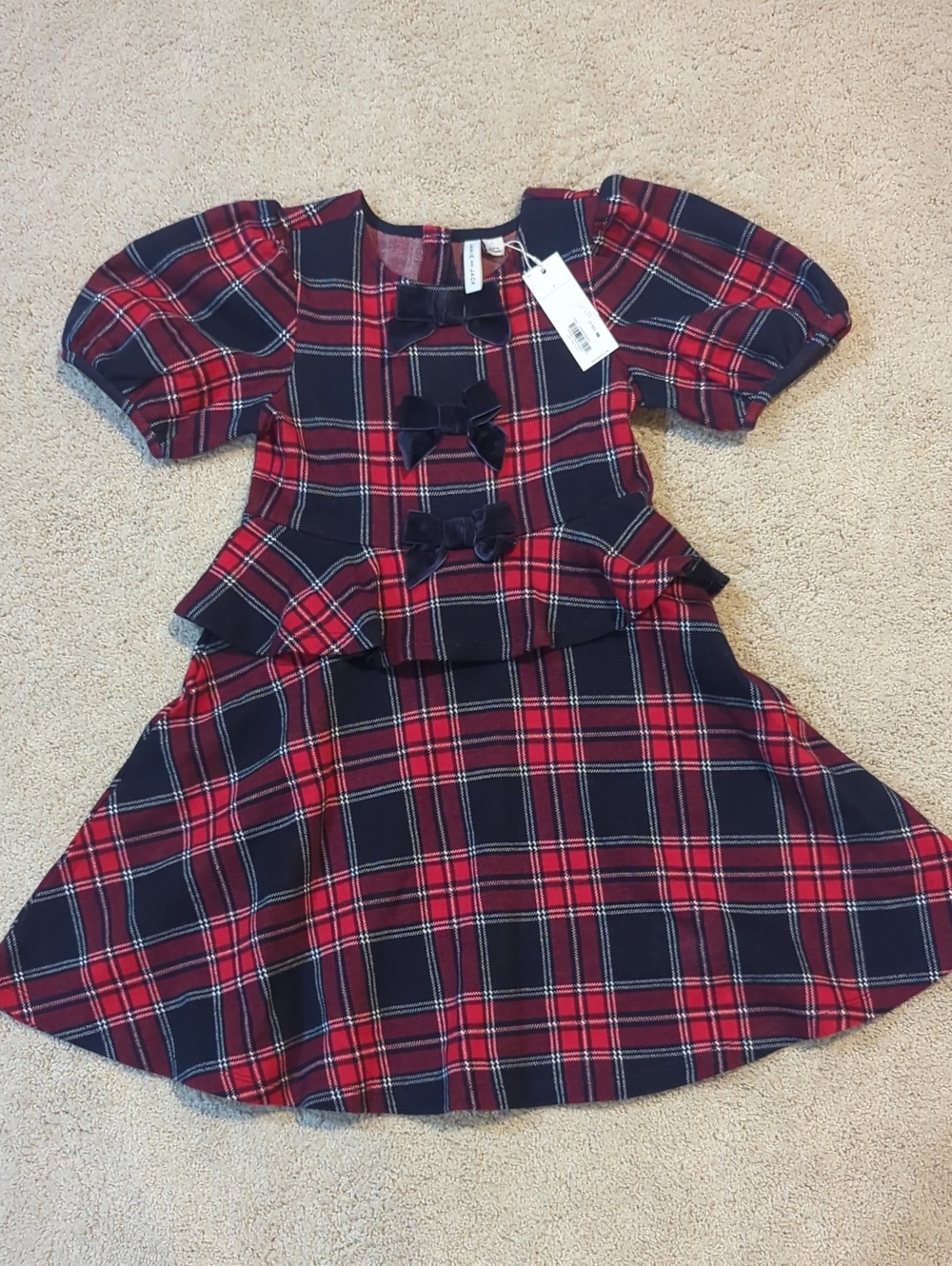 Janie and Jack Red and Navy Plaid Peplum Dress with Velvet Bows
